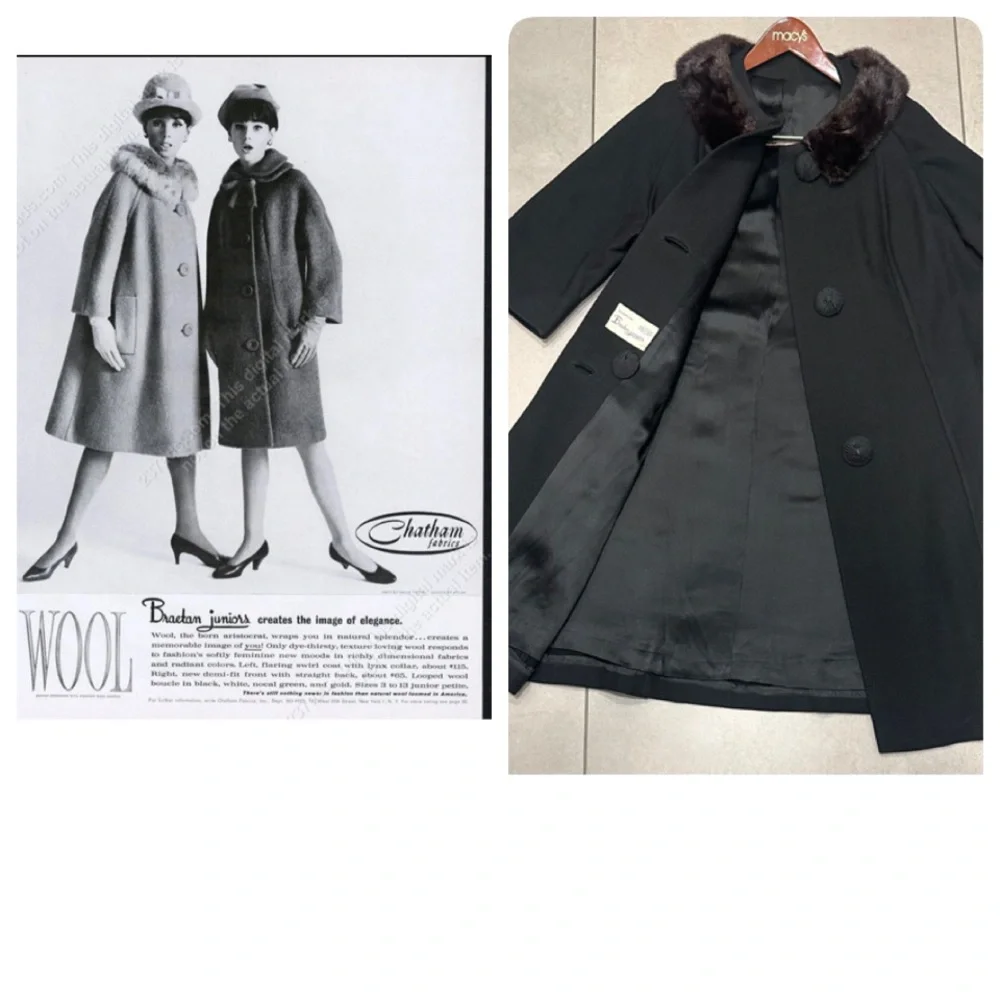 Vintage 60’s Braetan Juniors Black Coat Mink Collar Large EUC Union Made USA - Picture 1 of 12